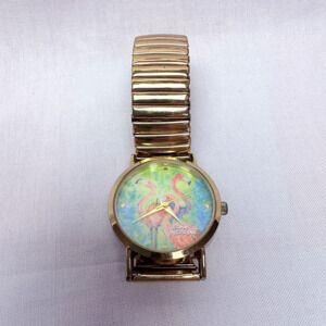 Leoma Lovegrove Flamingo Multicolor Gold Tone Stretch Watch - New Battery